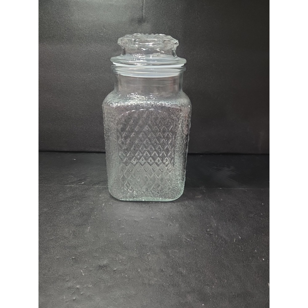 AHSG CO Pressed Diamond Glass Jar, Vintage 9" Canister, Waffle Design Apothecary